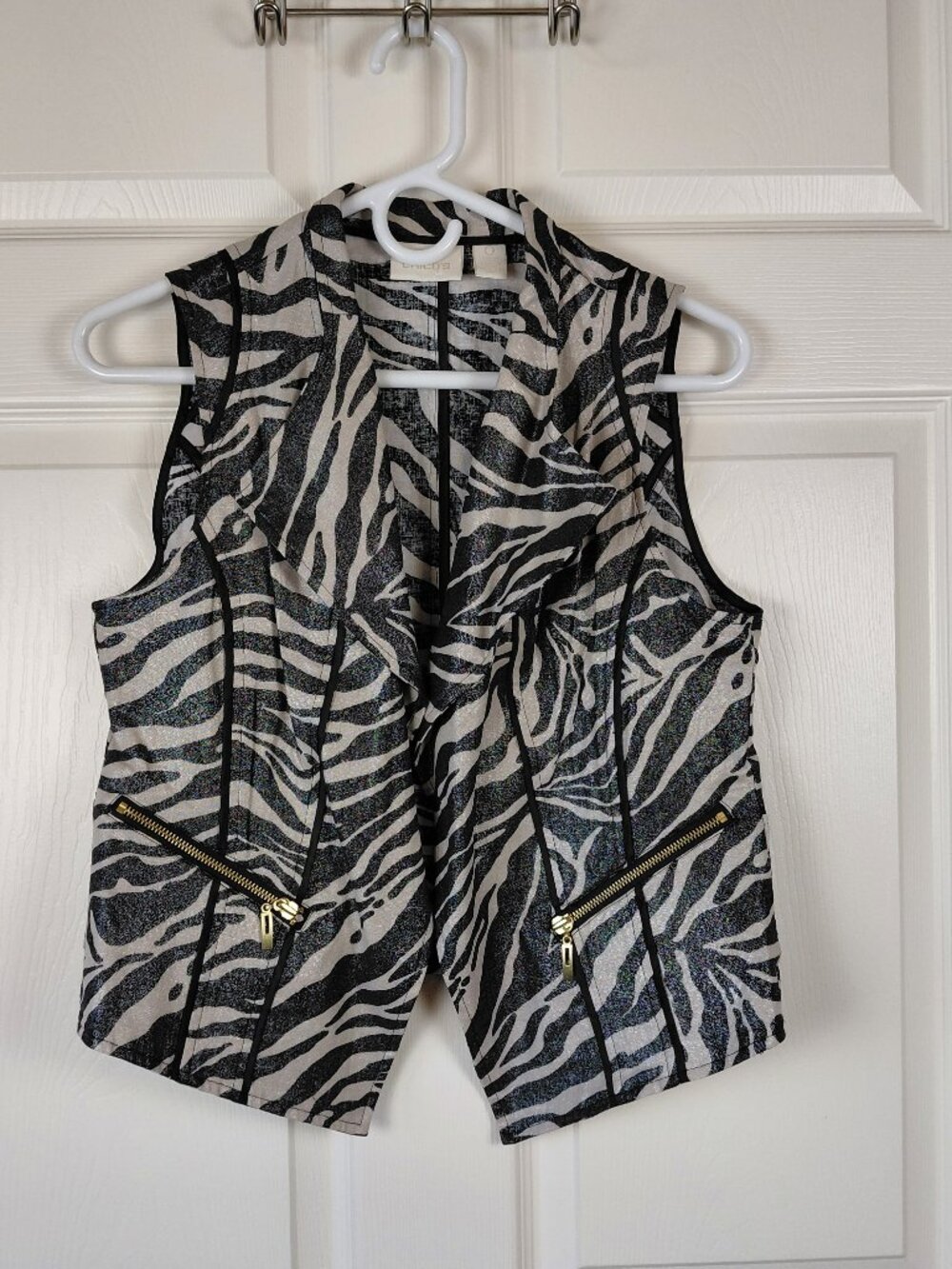 Chicos Foiled Linen Blend Zebra Print Open Front Vest Size Small Moto